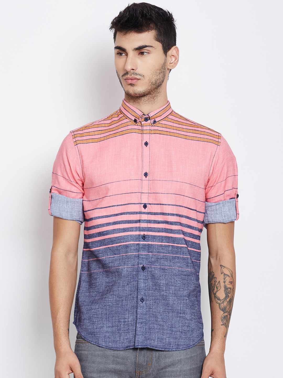 

HIGHLANDER Men Pink & Blue Striped Casual Shirt