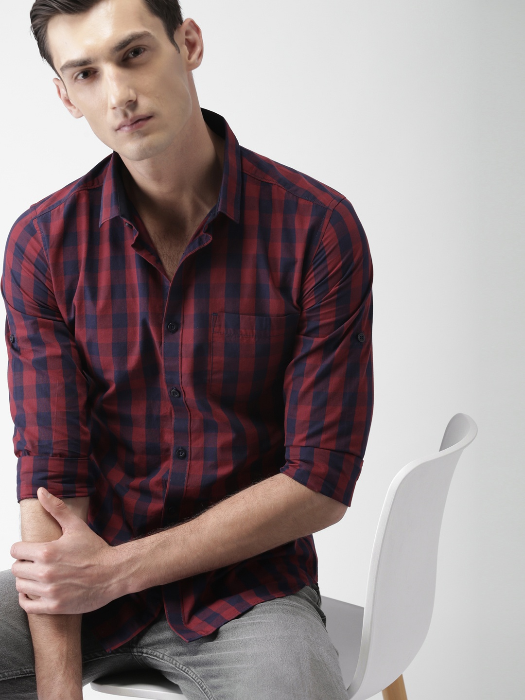 

HIGHLANDER Men Maroon & Navy Slim Fit Checked Casual Shirt