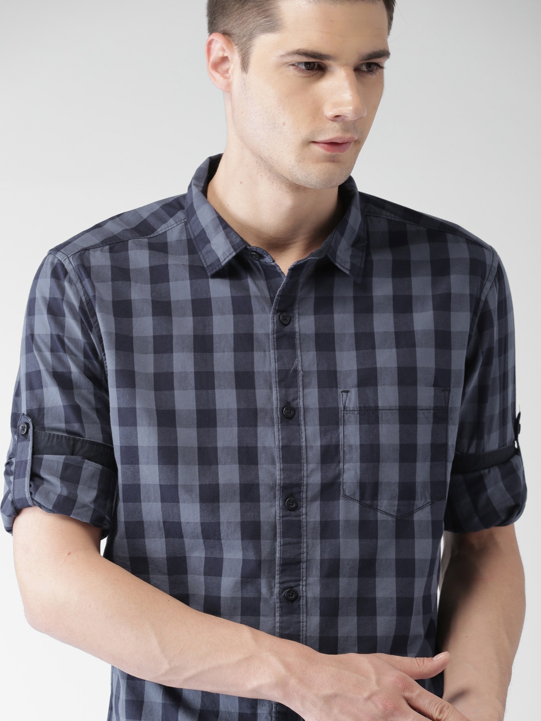 

HIGHLANDER Men Navy Slim Fit Checked Casual Shirt, Navy blue