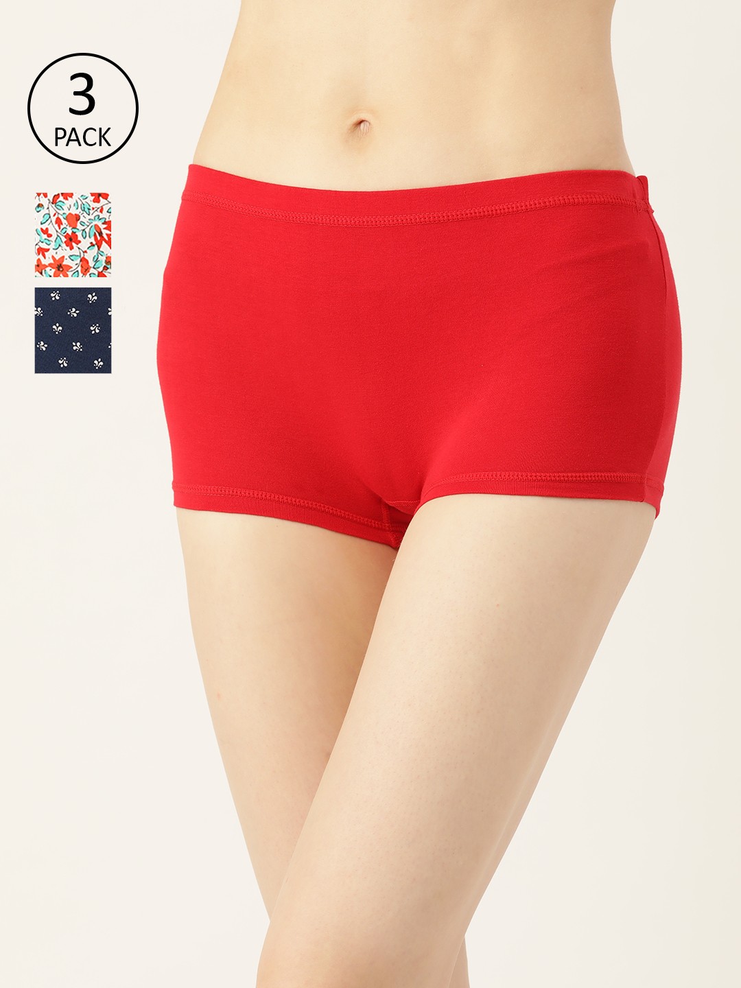

Leading Lady Women Pack of 3 Mid-Rise Printed Boy Shorts JOY-3-PR-02, Red