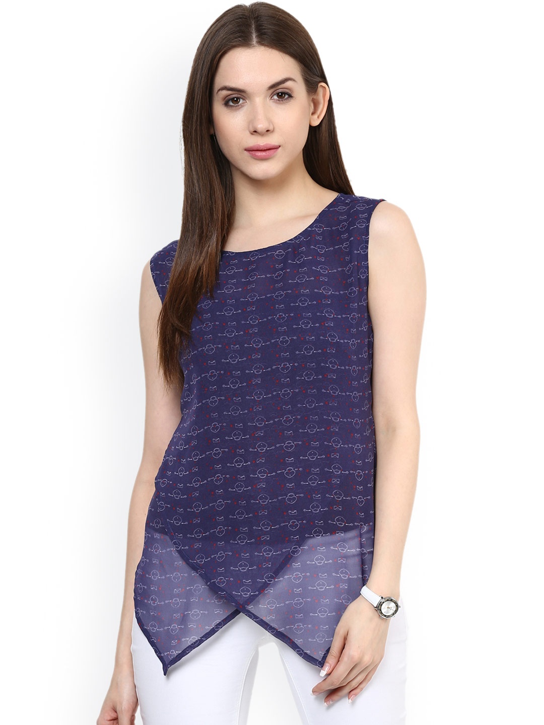 

Pannkh Navy Printed Georgette Sheer Layered Top, Navy blue