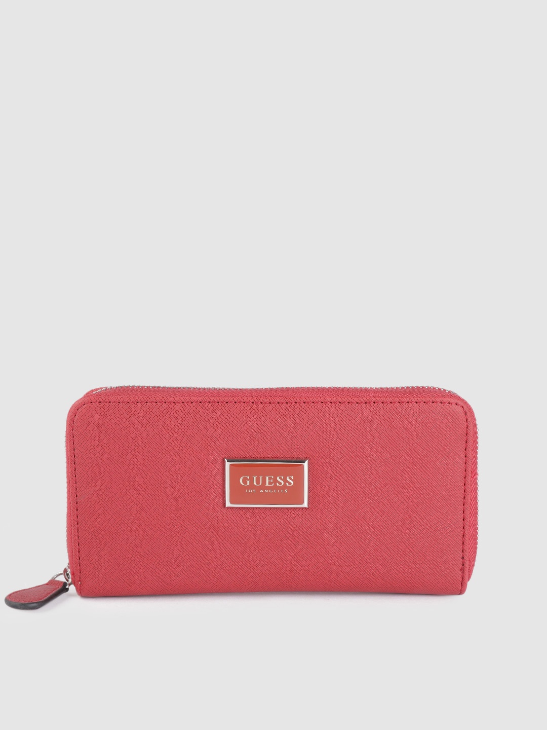 

GUESS Women Red Saffiano Textured Zip Around Wallet