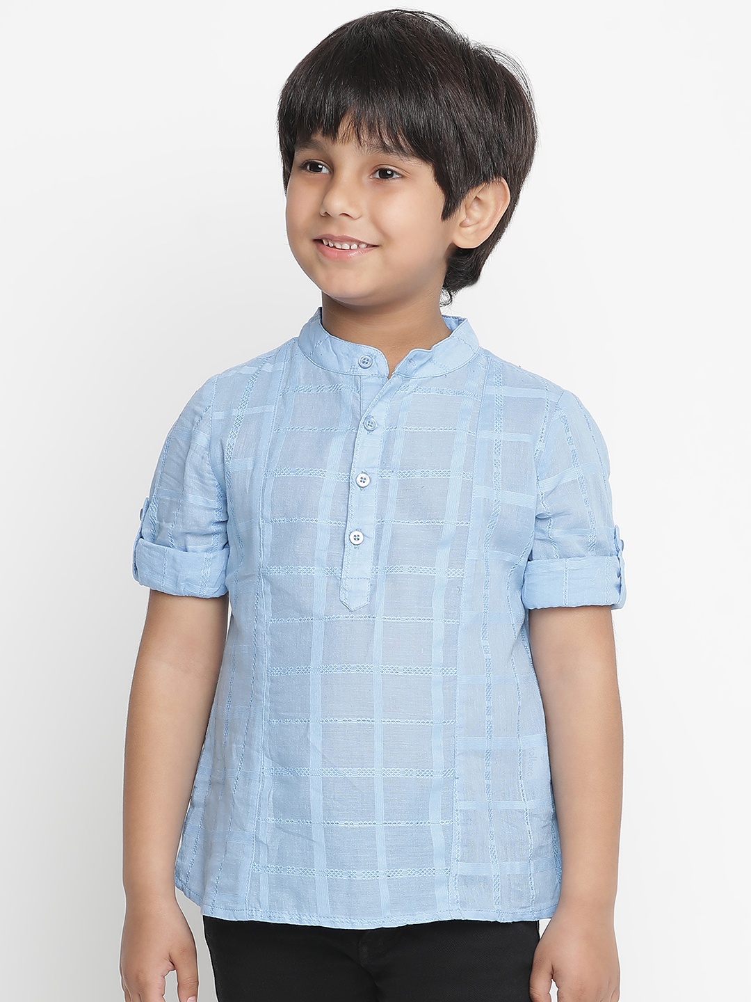 

Oxolloxo Boys Blue Self Design Mandarin Collar Casual Shirt