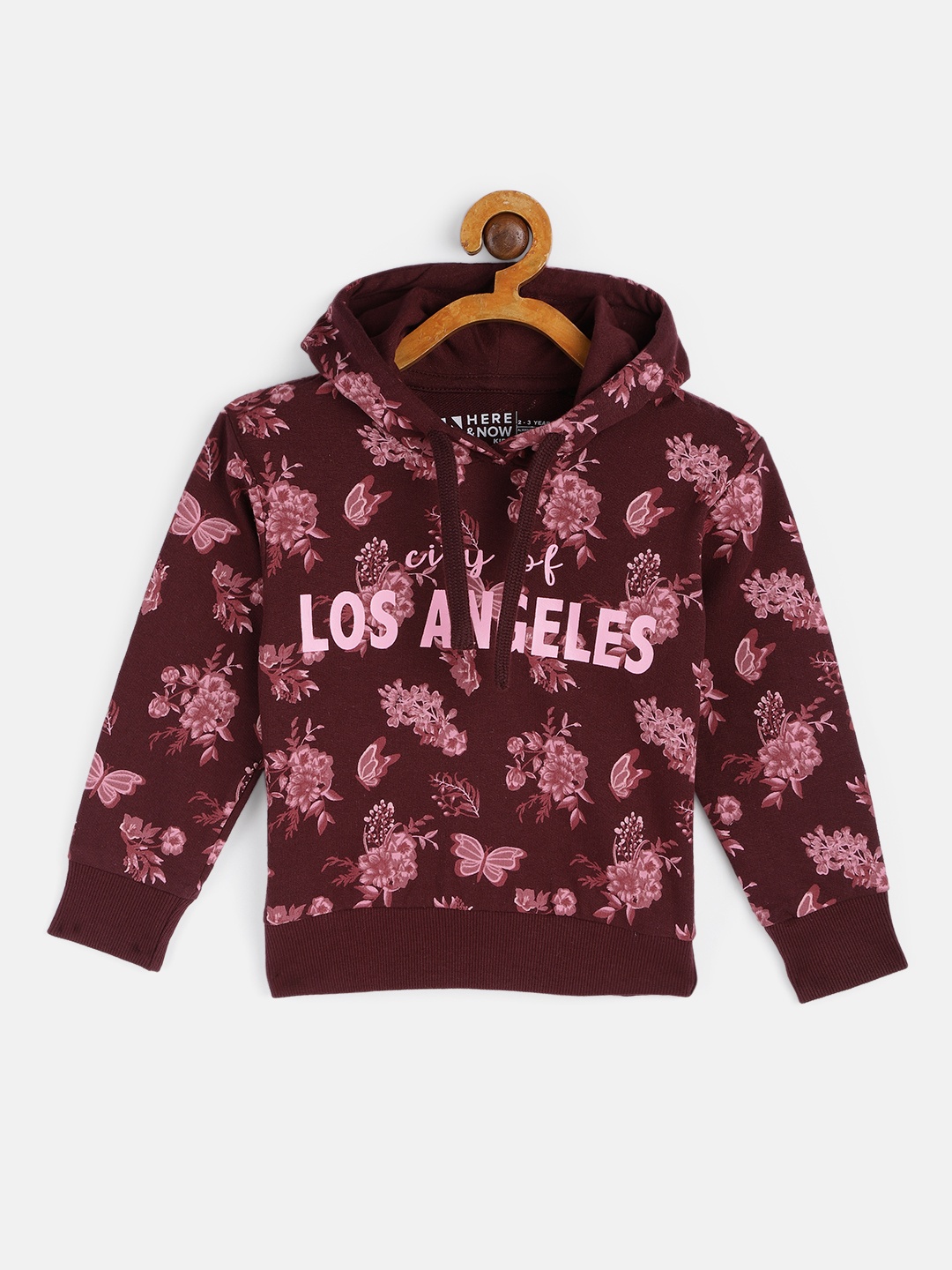 

HERE&NOW Girls Maroon Printed Hooded Pure Cotton Sweatshirt
