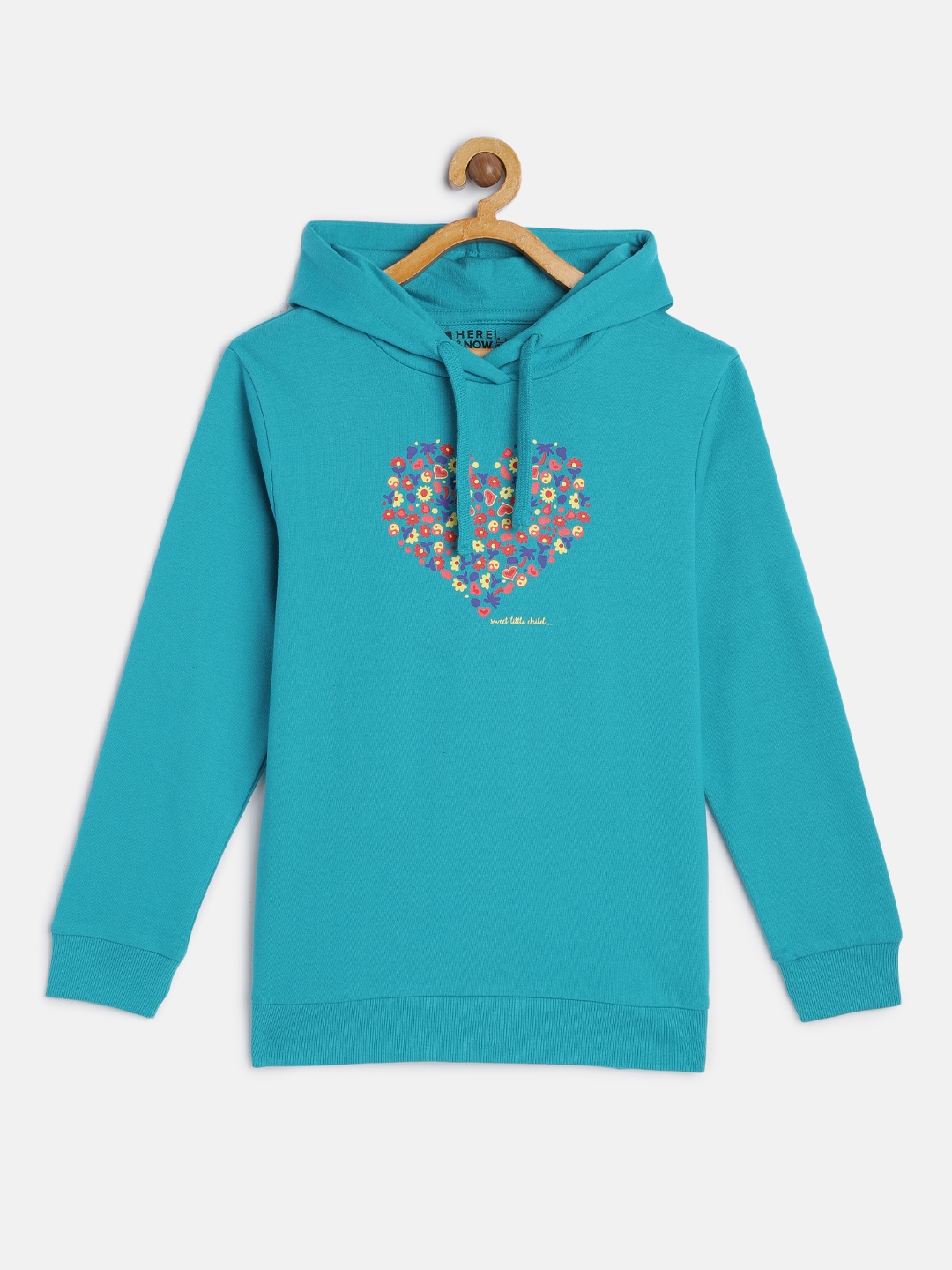 

HERE&NOW Girls Teal Blue Printed Hooded Pure Cotton Sweatshirt