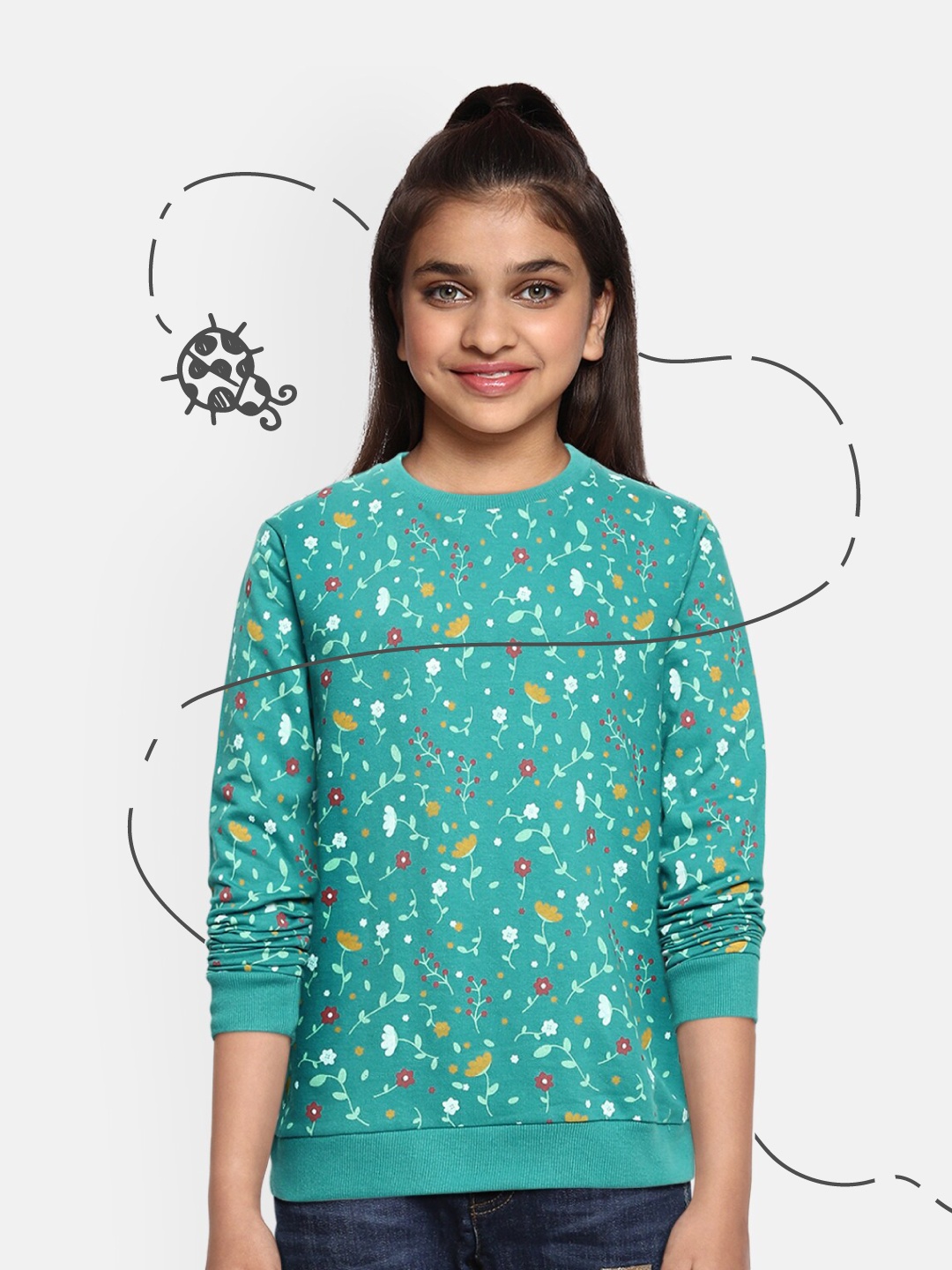 

HERE&NOW Girls Teal Green Printed Pure Cotton Sweatshirt