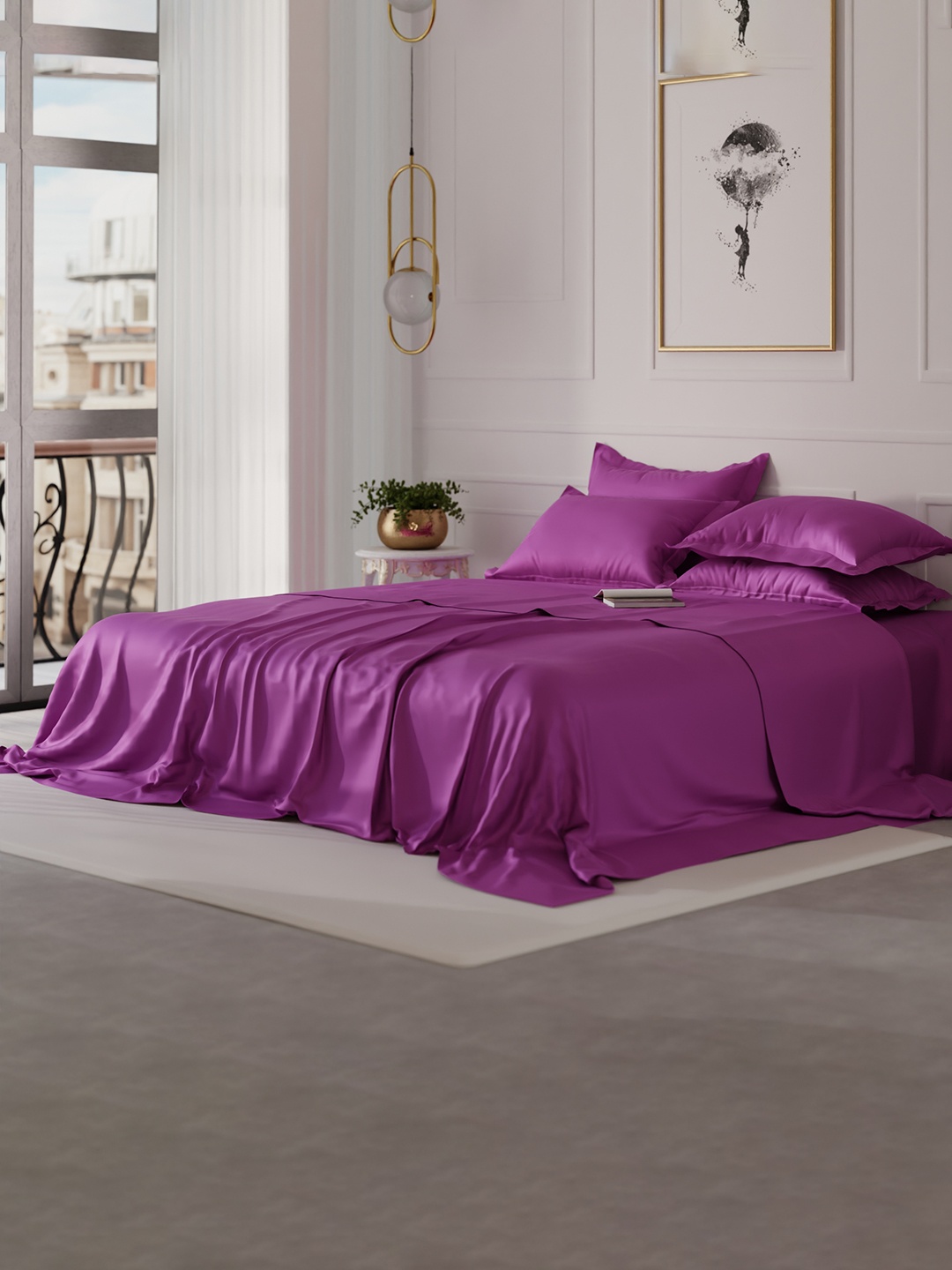 

Stoa Paris Date Night Collection Purple 300 TC King Satin Bedsheet with 4 Pillow Covers