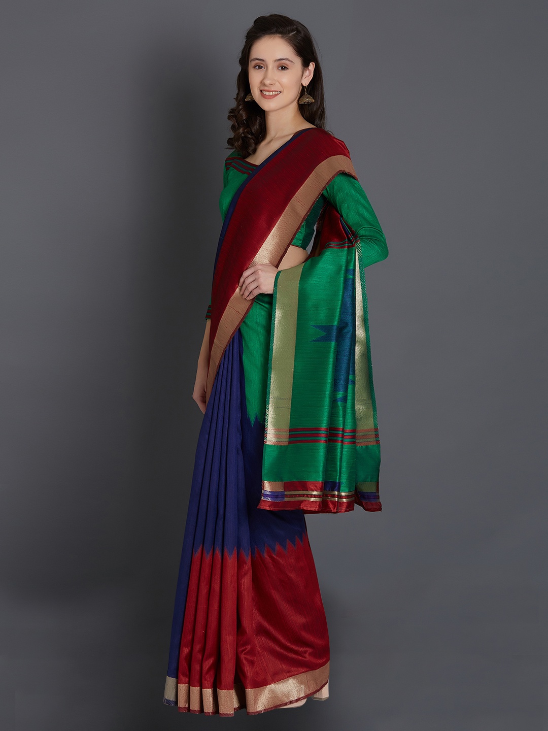 

Mitera Blue & Green Colourblocked Silk Blend Saree
