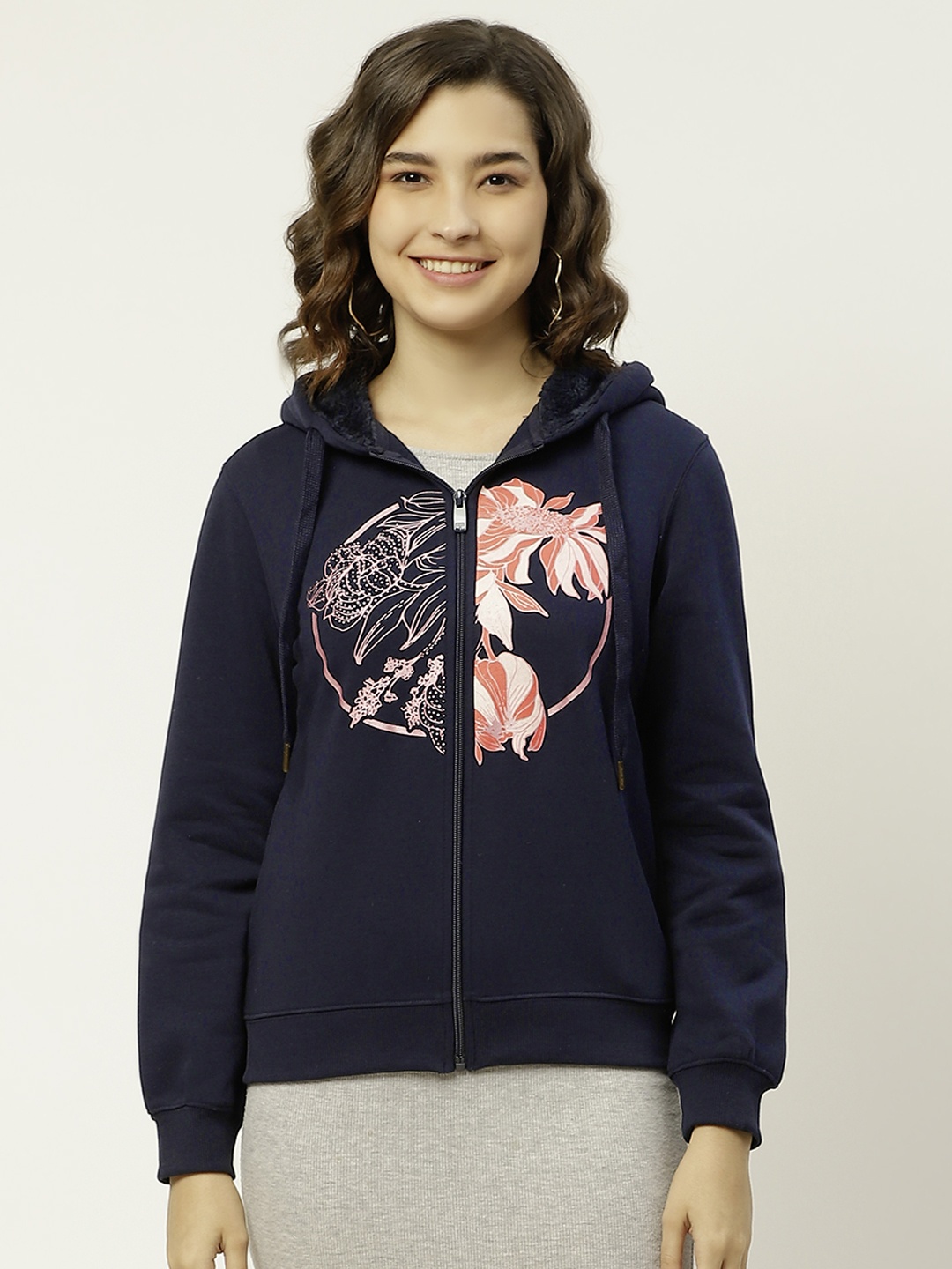 

Madame Women Navy Blue Floral Printed Hooded Sweatshirt