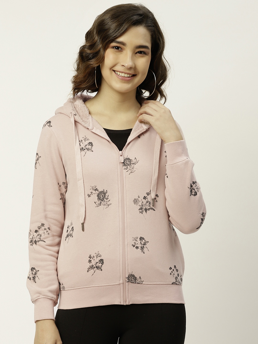 

Madame Women Pink & Black Floral Printed Hooded Front-Open Sweatshirt
