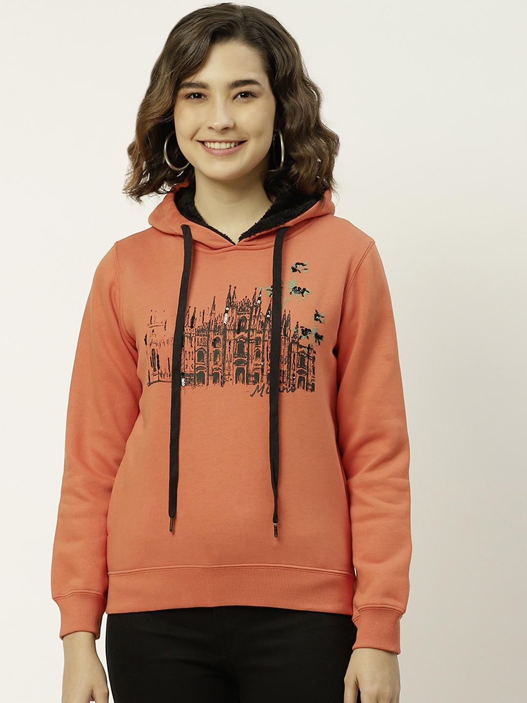 

Madame Women Orange Printed Hooded Sweatshirt