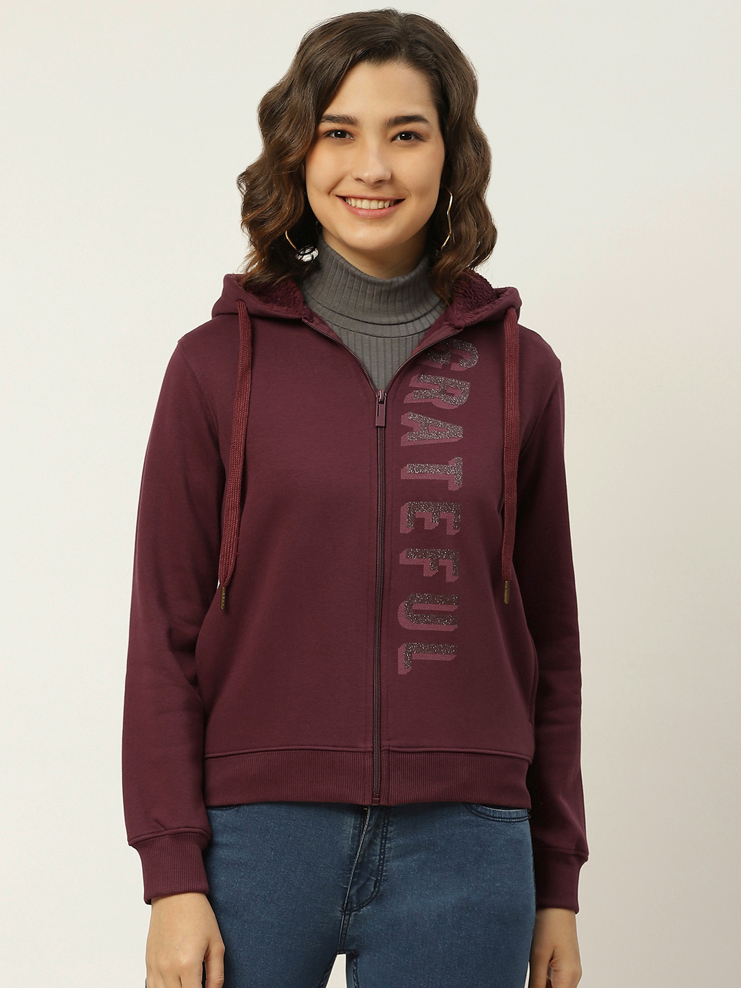 

Madame Women Maroon Printed Hooded Sweatshirt