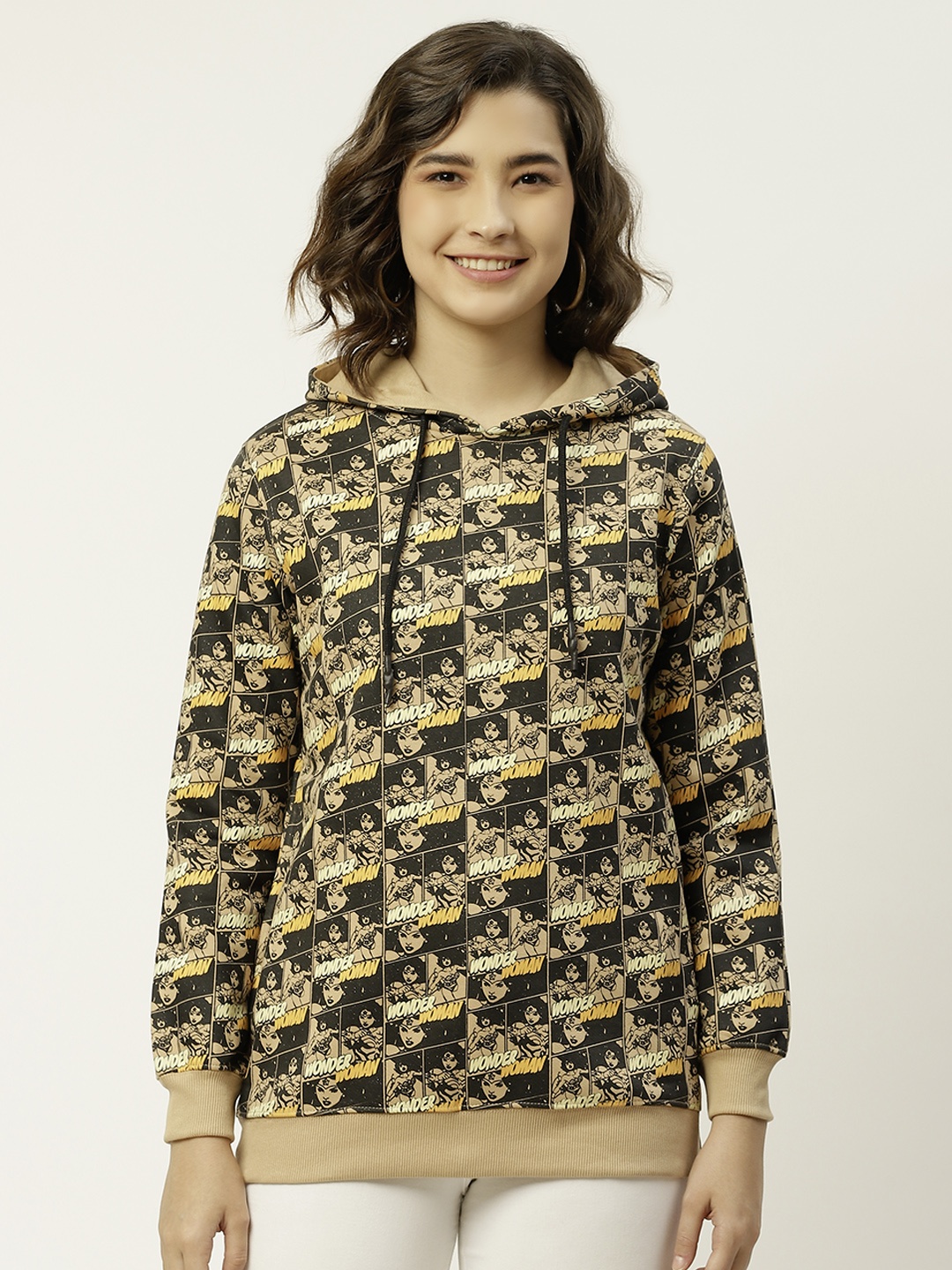 

Madame Women Black & Yellow Wonder Woman Printed Hooded Sweatshirt