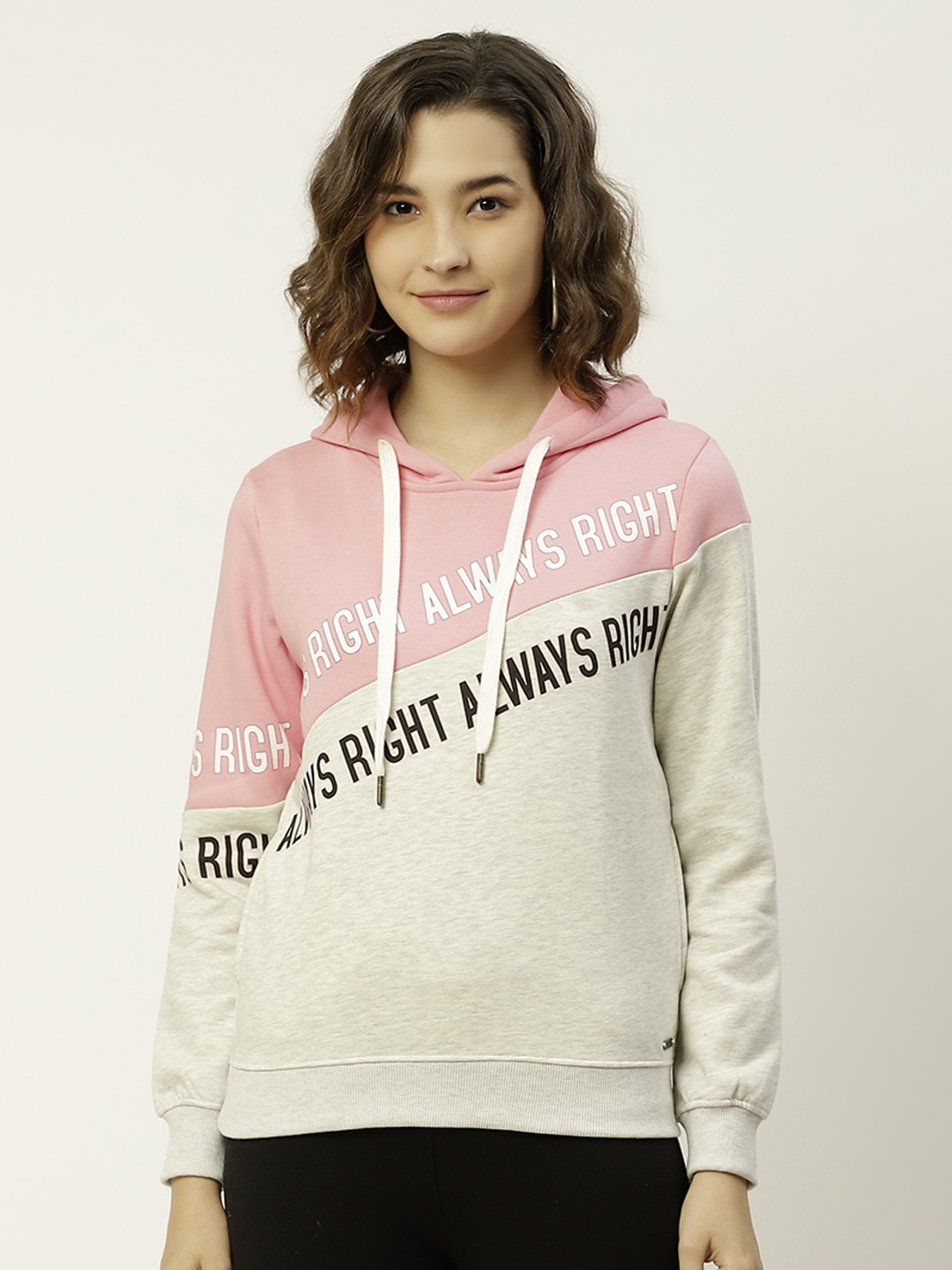 

Madame Women Pink & Off-White Panelled Colourblocked Hooded Sweatshirt