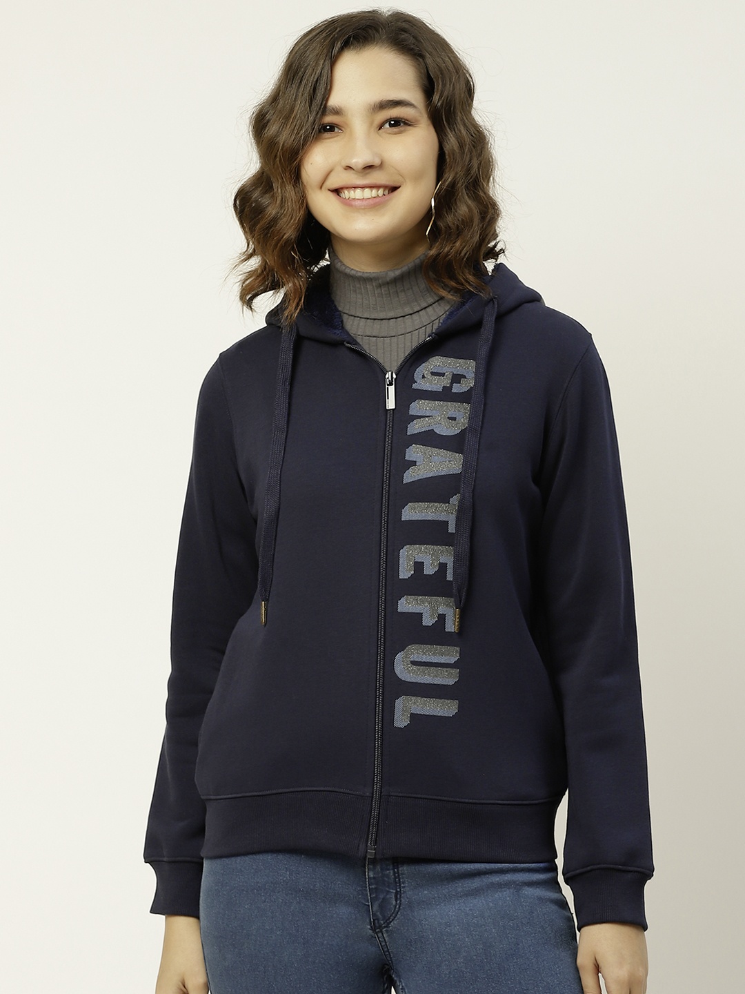 

Madame Women Navy Blue Placement Printed Hooded Sweatshirt