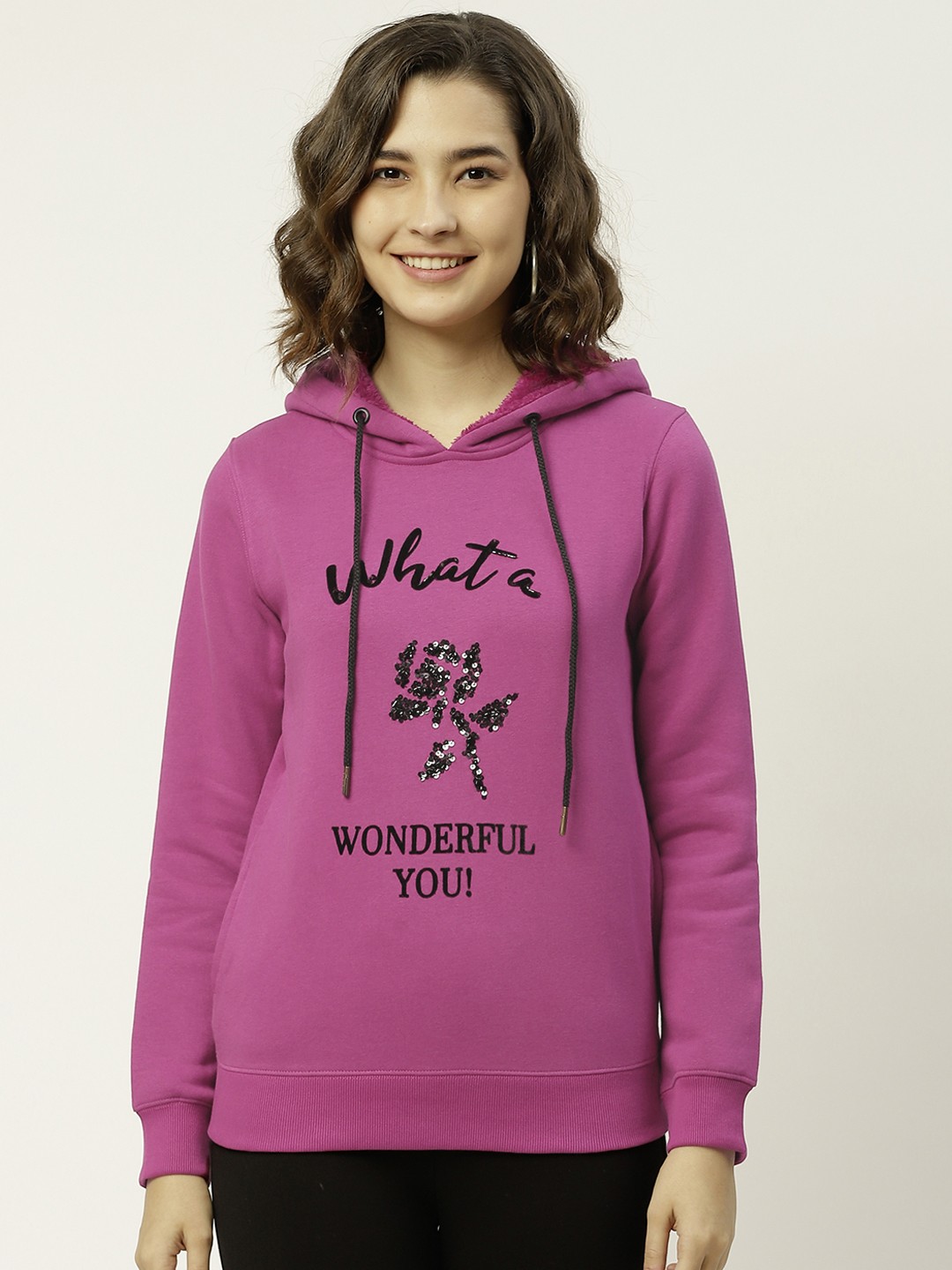 

Madame Women Pink & Black Printed Hooded Sweatshirt