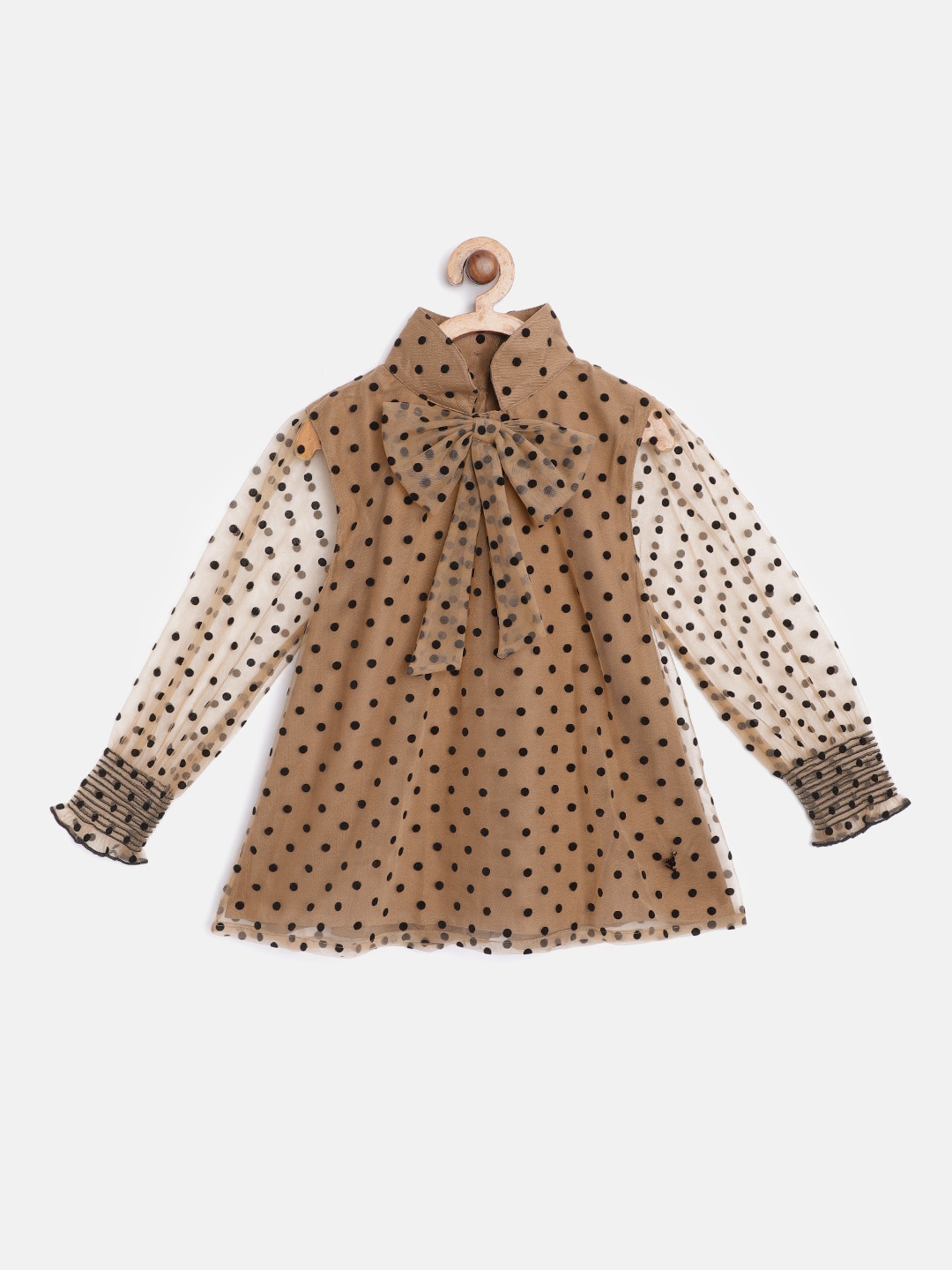 

Cherry Crumble Girls Brown & Black Puff Sleeve Net Polka Dot Pattern A-Line Top