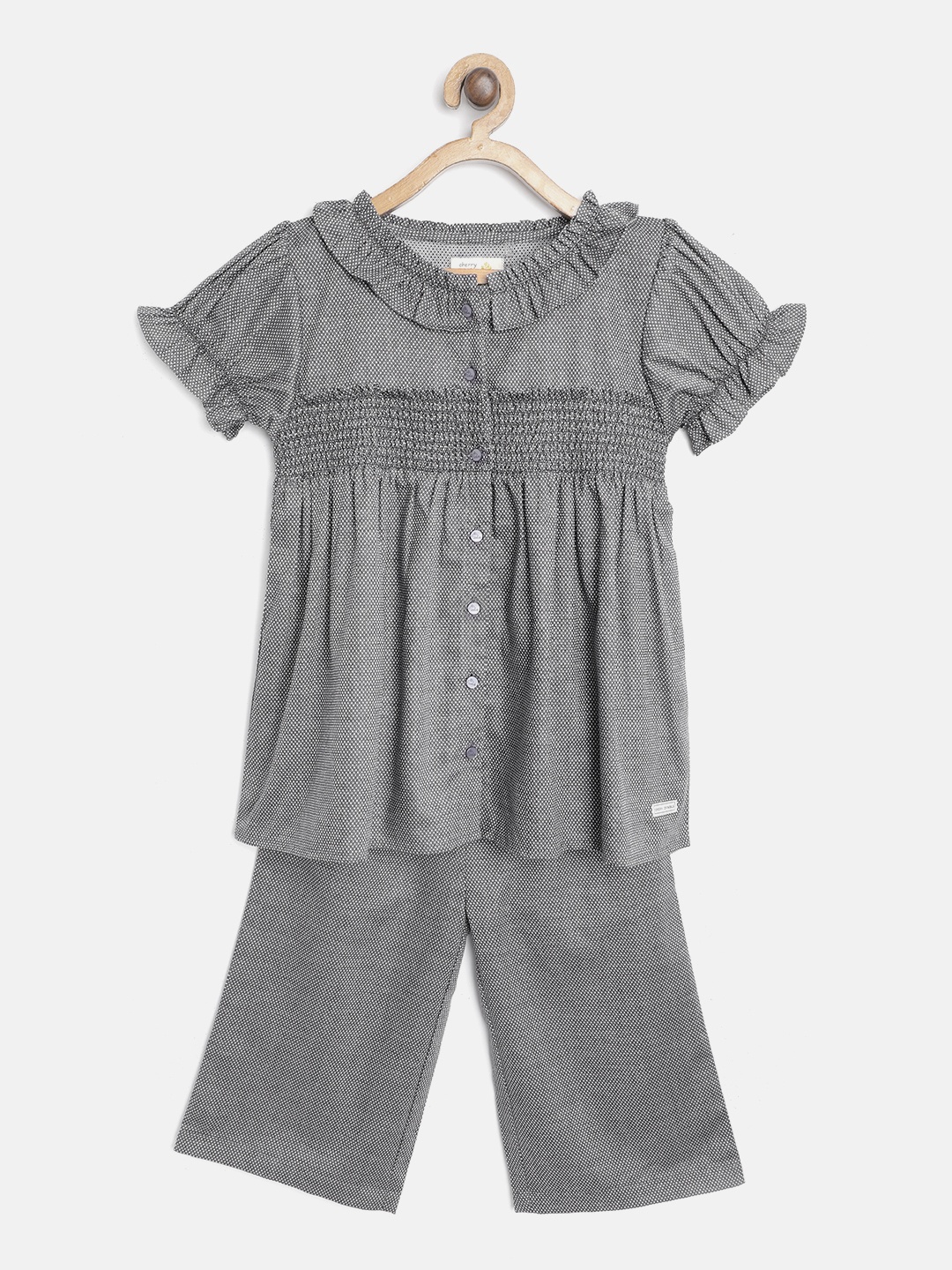 

Cherry Crumble Girls Grey & Black Self Design Night suit