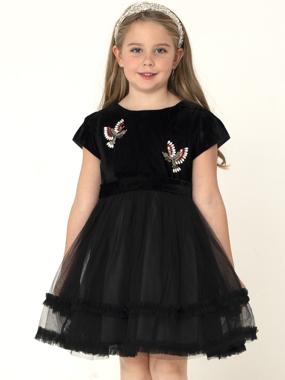 

Cherry Crumble Girls Black Embellished Net & Velvet Finish Fit & Flare Dress