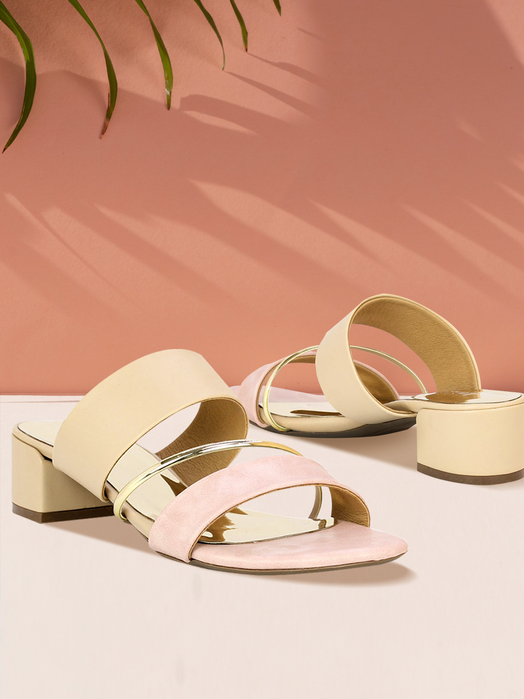 

Inc 5 Beige & Pink Colourblocked Block Sandals with Buckles