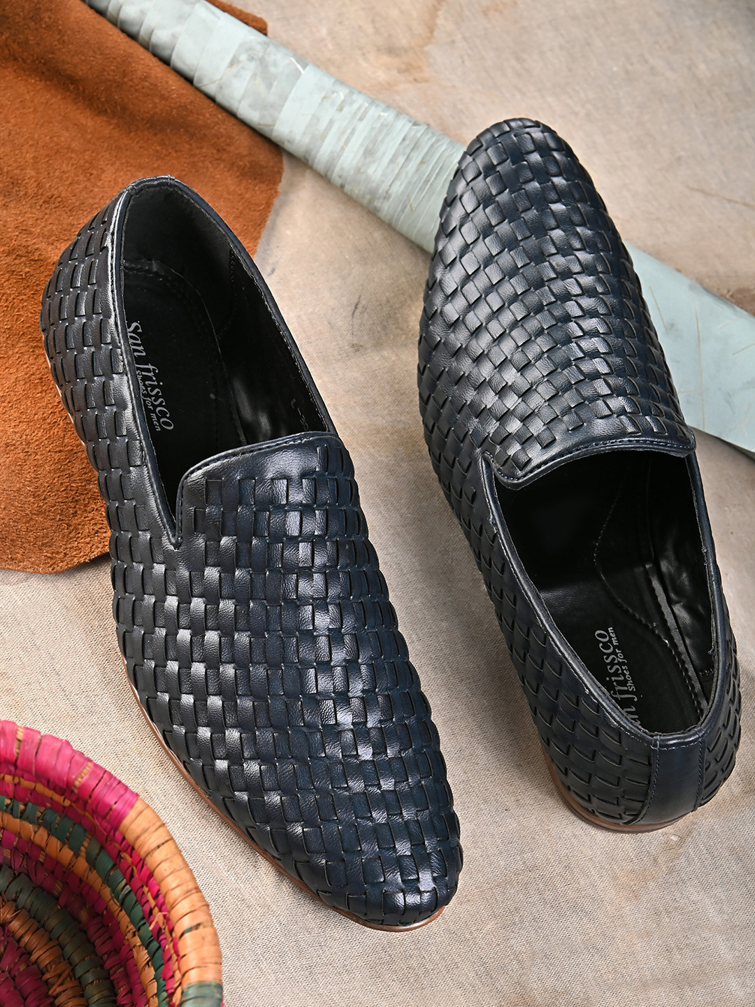 

San Frissco Men Navy Blue Woven Design Leather Loafers