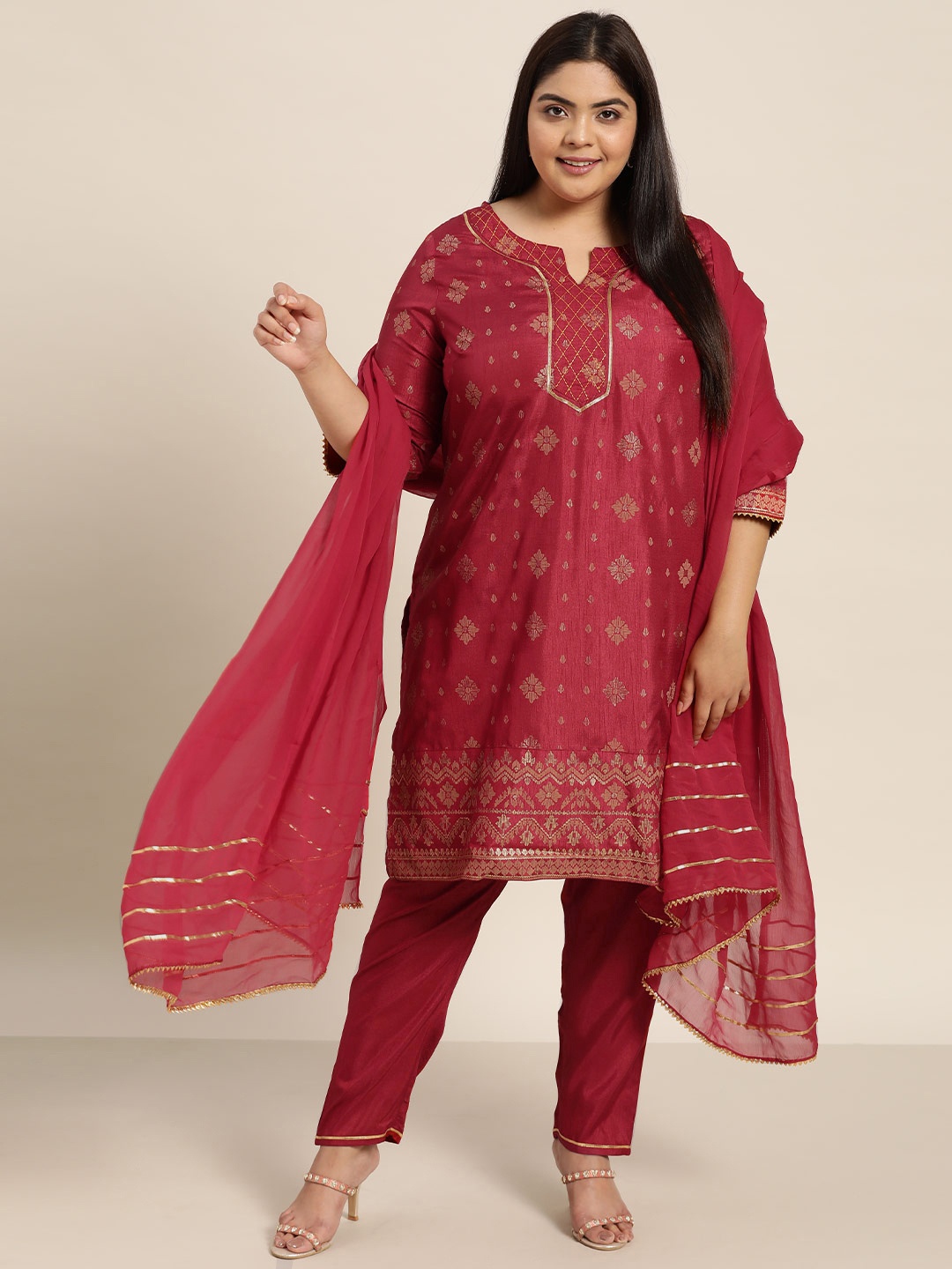 

Sztori Women Plus Size Red & Golden Motifs Print Straight Kurta with Trousers & Dupatta