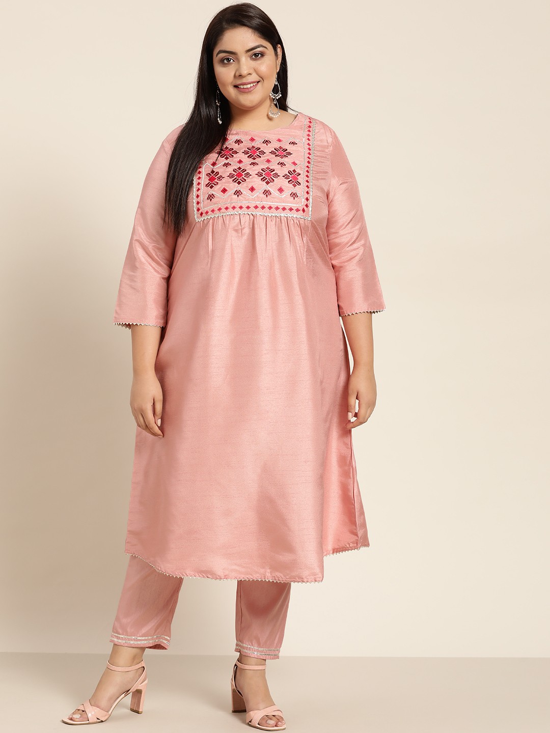 

Sztori Women Plus Size Pink Ethnic Motifs Yoke Design Gotta Patti Kurta with Trousers