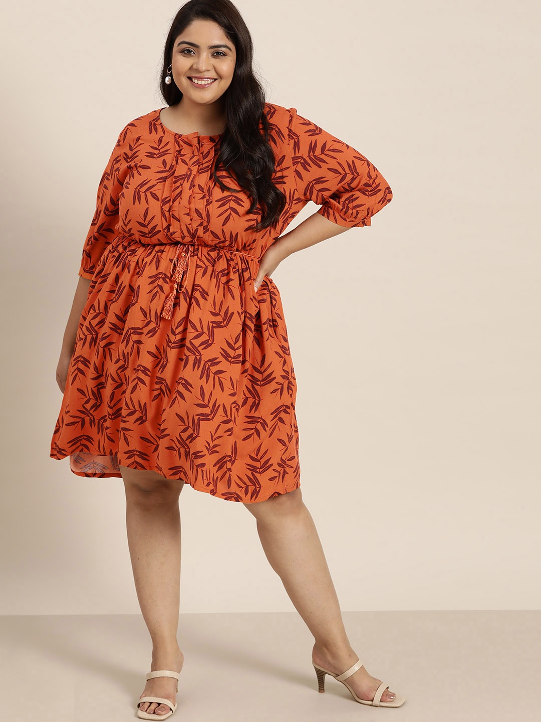 

Sztori Plus Size Rust Orange & Burgundy EcoVero Printed A-Line Dress
