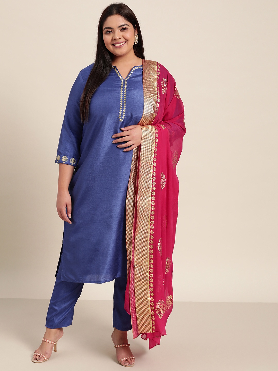 

Sztori Women Plus Size Blue & Pink Solid Straight Kurta with Trousers & Dupatta