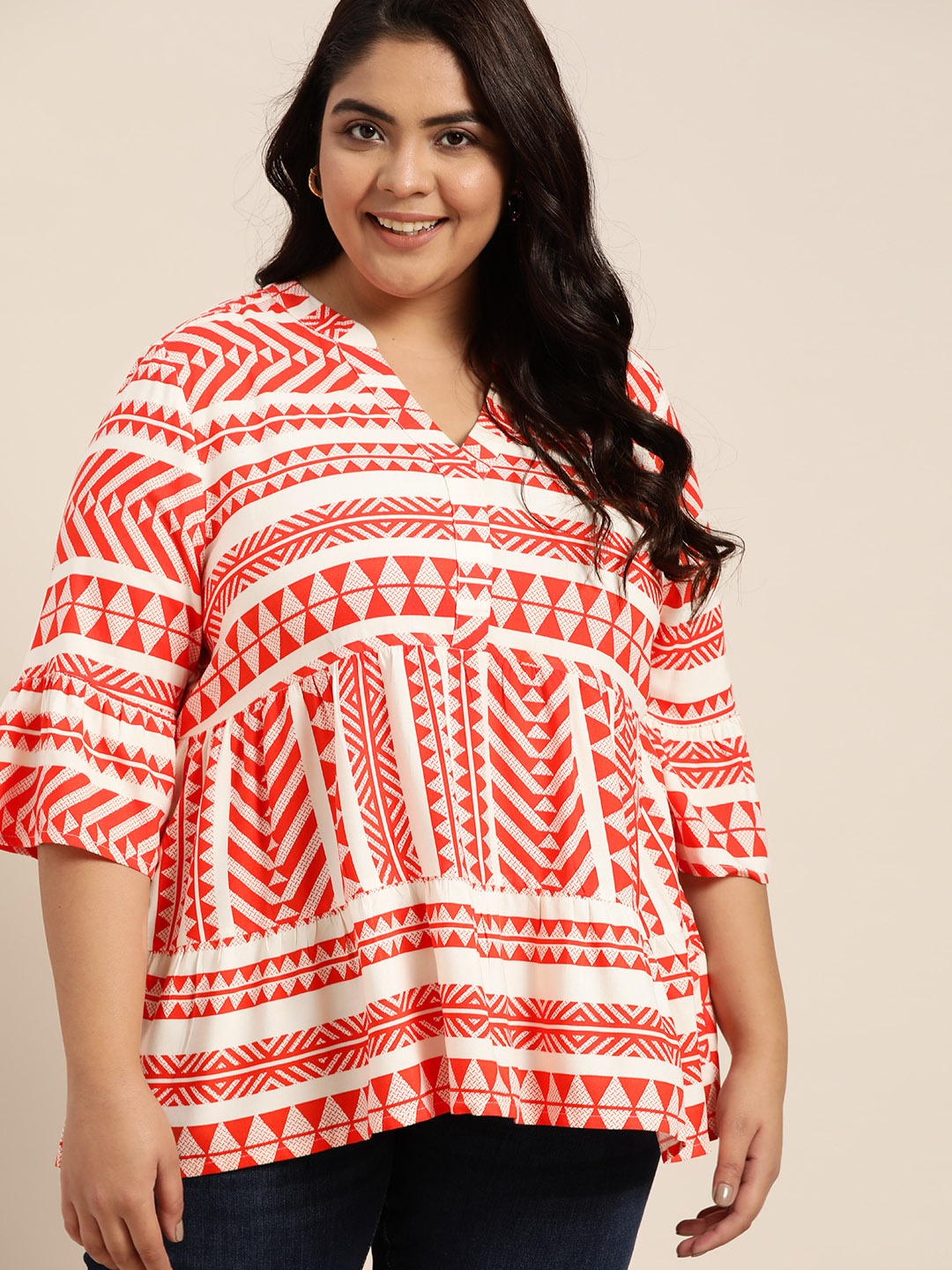 

Sztori Women Plus Size Red & Off White & Geometric Empire Top