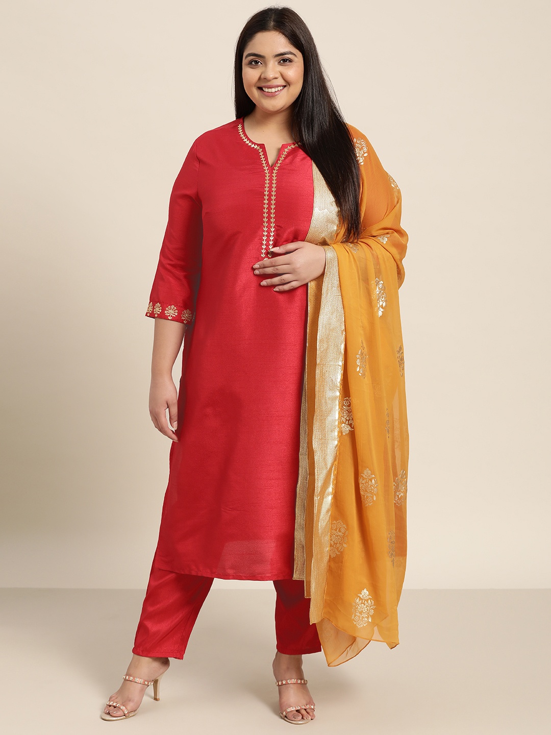 

Sztori Women Plus Size Red & Mustard Yellow Solid Straight Kurta with Trousers & Dupatta