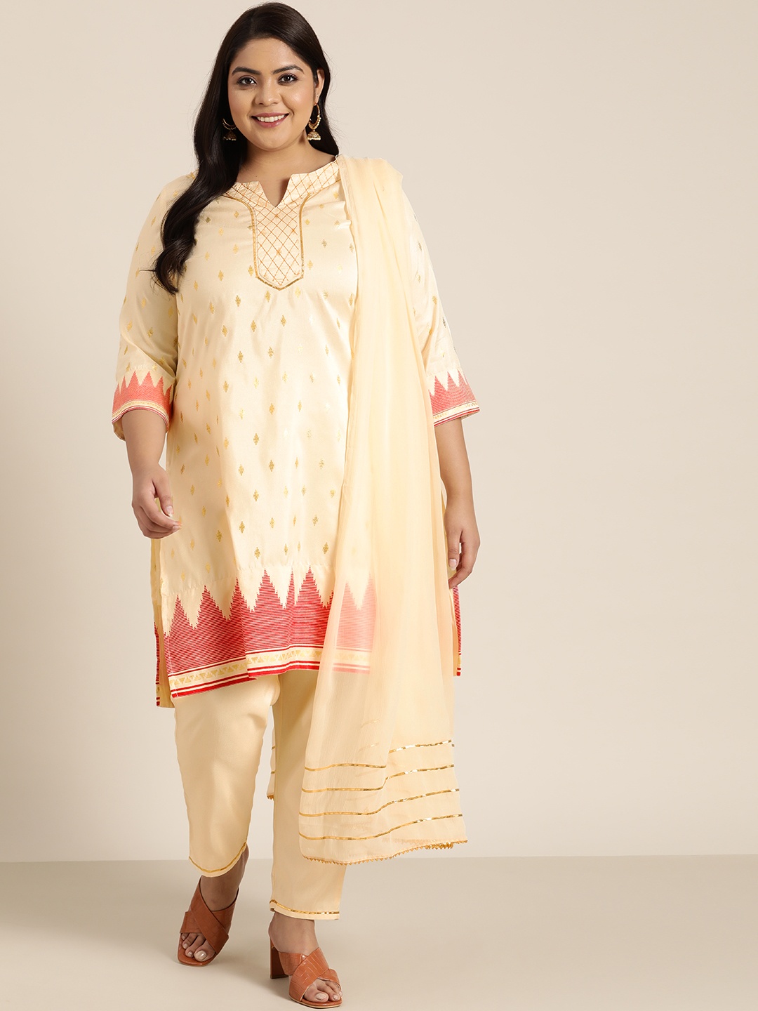 

Sztori Women Plus Size Cream-Coloured Printed Kurta with Trousers & With Dupatta