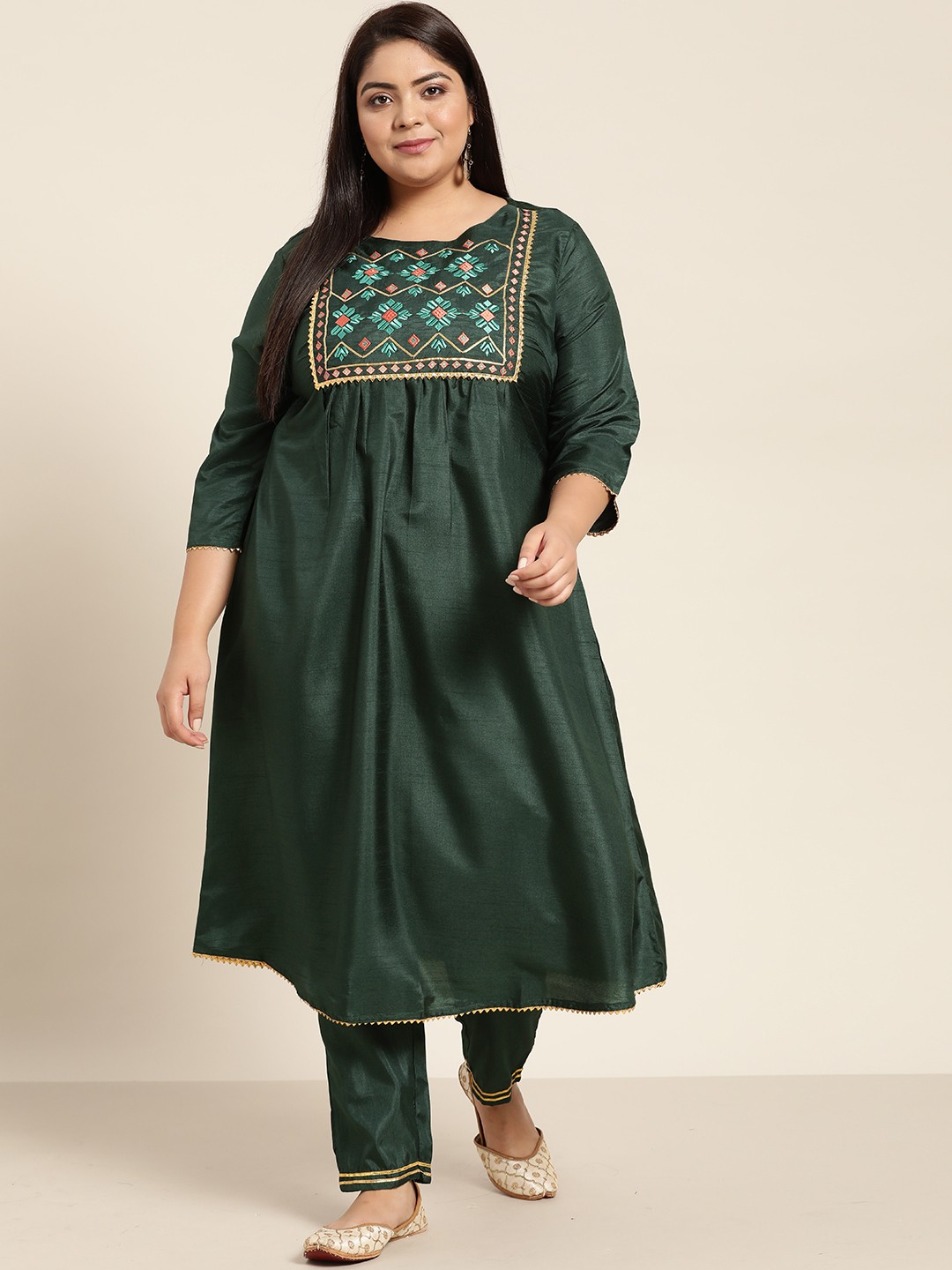 

Sztori Women Plus Size Green Ethnic Motifs Yoke Design Gotta Patti Kurta with Trousers