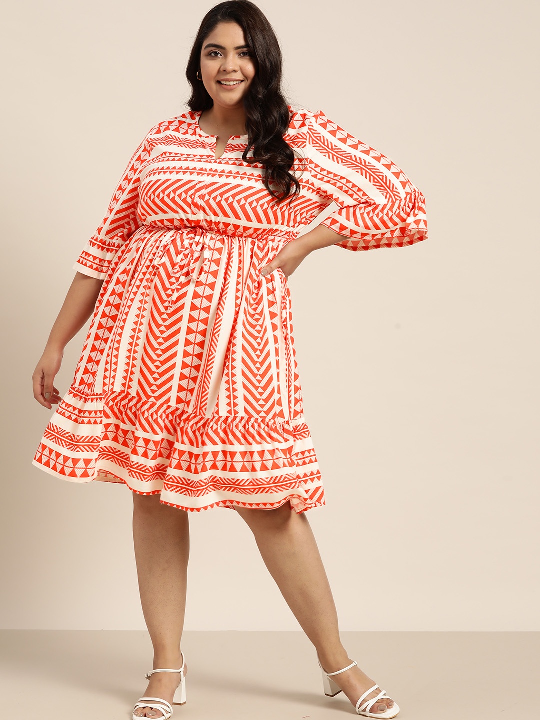 

Sztori Women Plus Size Red & Off White & Orange Geometric A-Line Dress