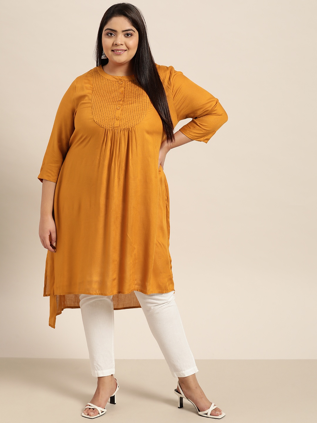 

Sztori Women Plus Size Mustard Yellow Yoke Design Pleated Kurta