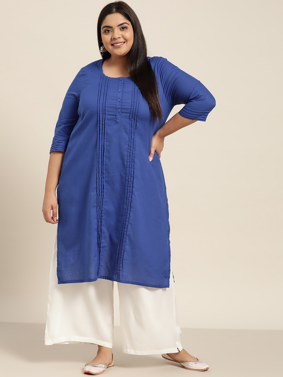 

Sztori Women Plus Size Blue Solid Pleated Pure Cotton Straight Kurta
