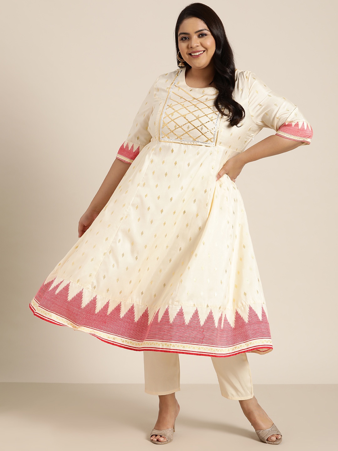 

Sztori Plus Size Women Cream-Coloured & Golden Ethnic Motifs Printed Gotta Patti A-Line Kurta