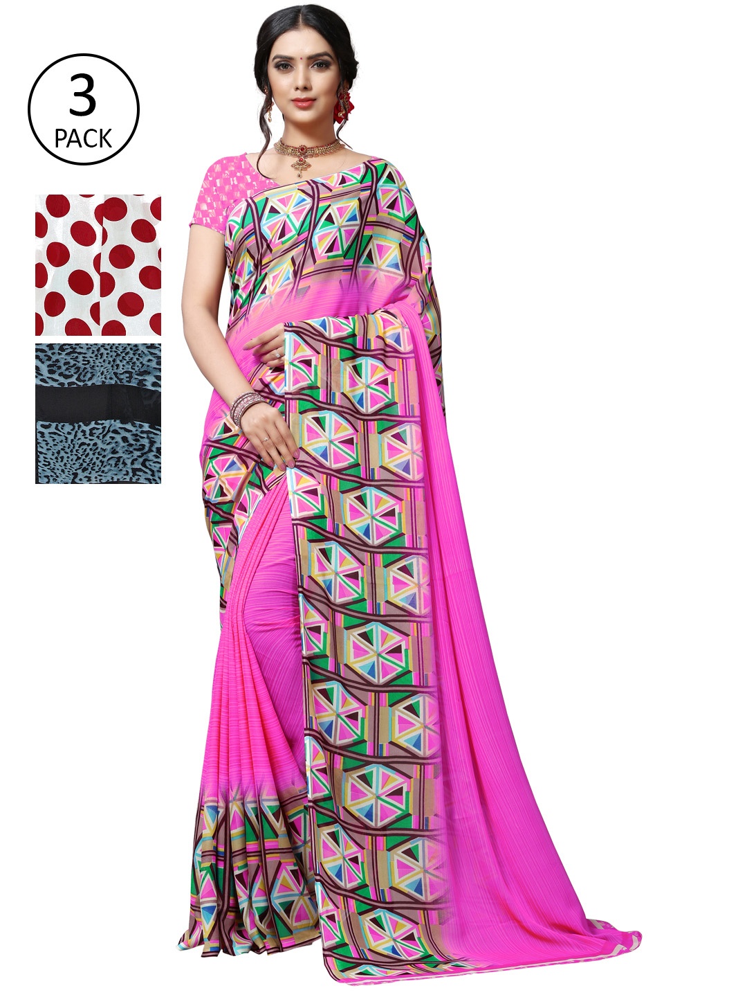 

KALINI Pack of 3 Poly Georgette Saree, Pink
