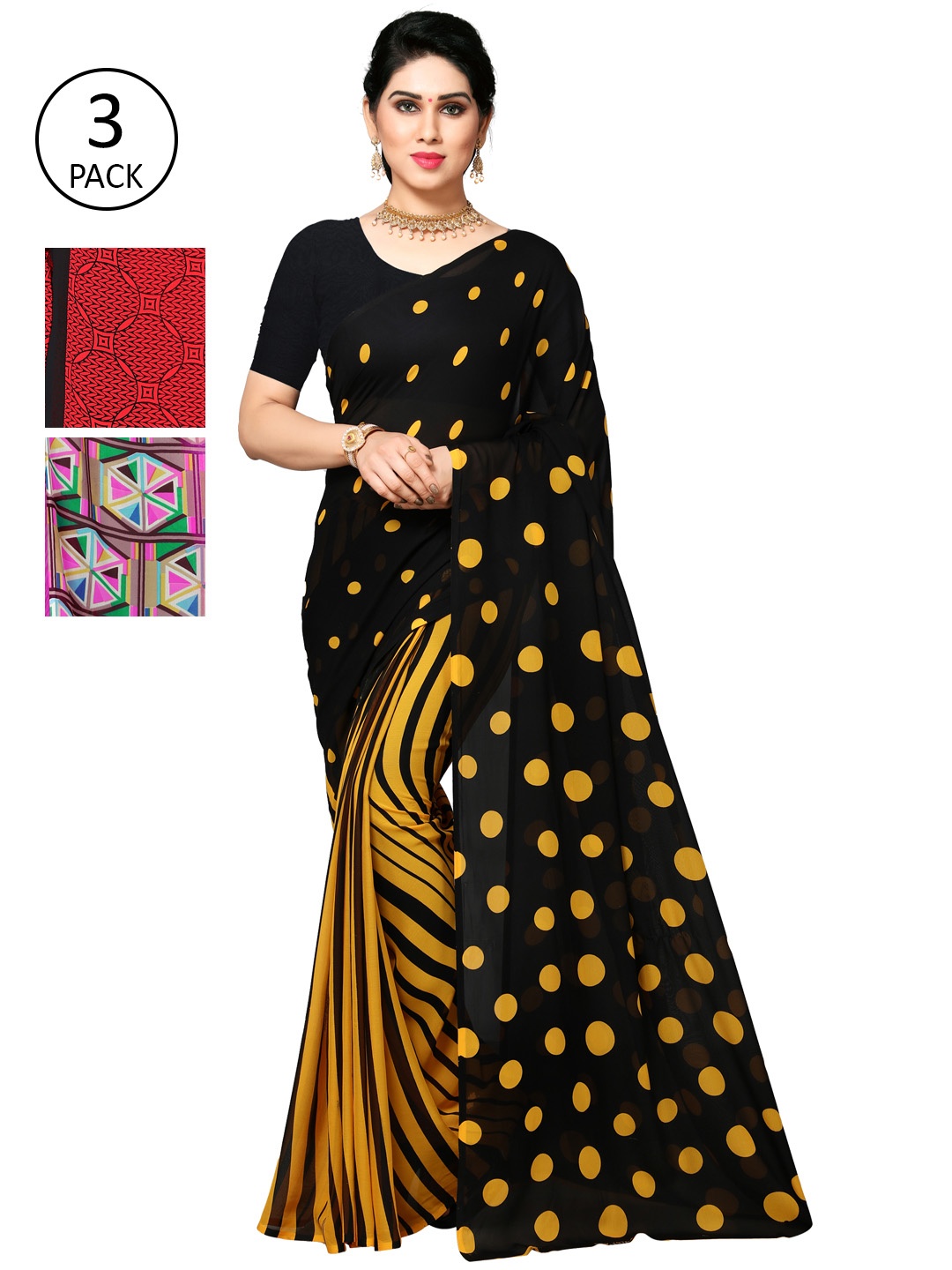 

KALINI Pack of 3 Poly Georgette Saree, Black