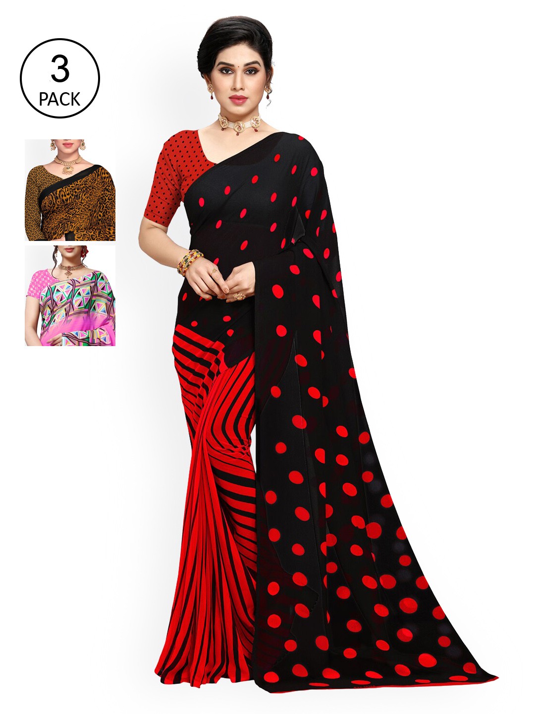 

KALINI Pack of 3 Poly Georgette Sarees, Pink