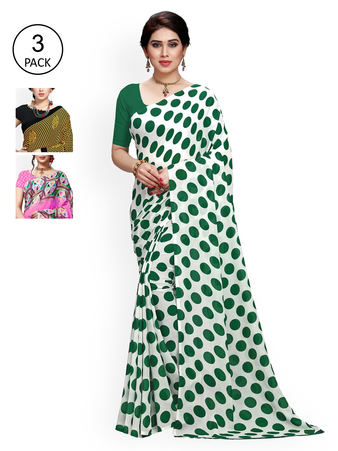 

KALINI Pack of 3 Poly Georgette Sarees, Pink