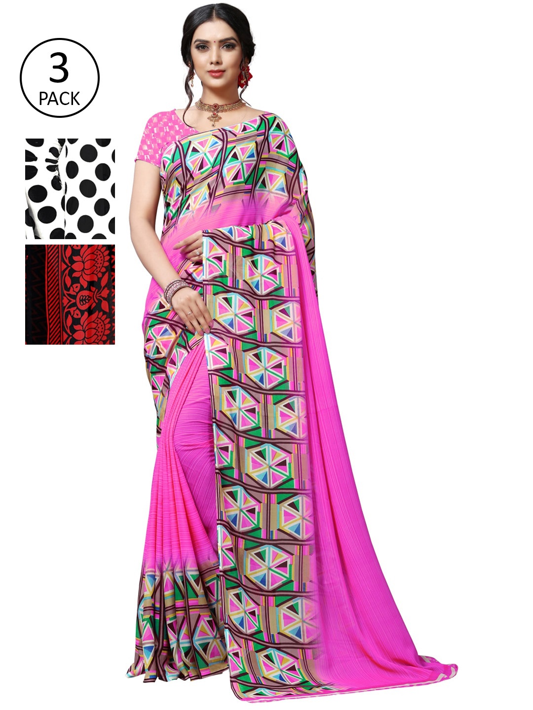 

KALINI Pink & Black Pack of 3 Printed Sarees