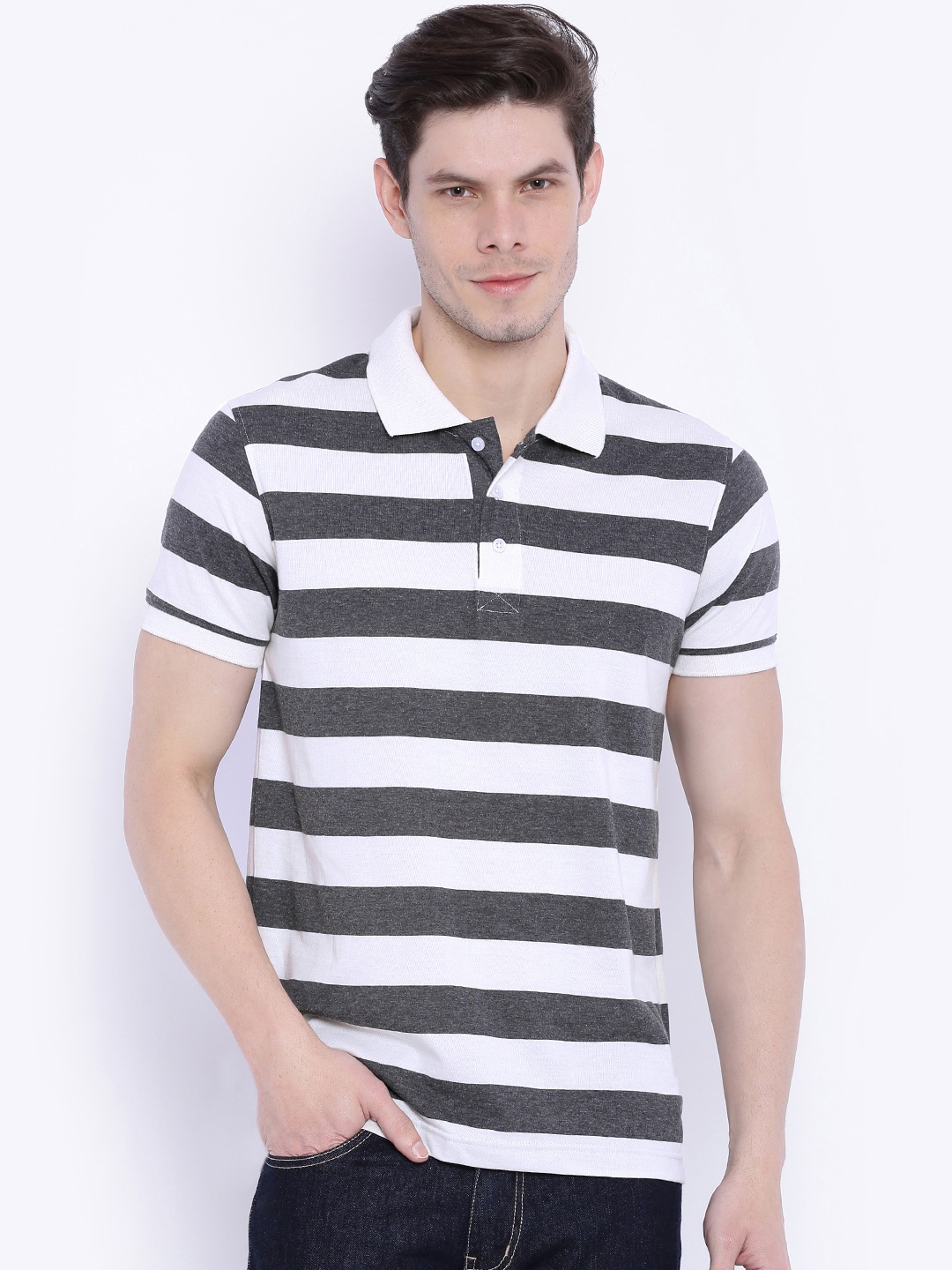 

American Crew Charcoal Grey & Off-White Striped Polo T-shirt
