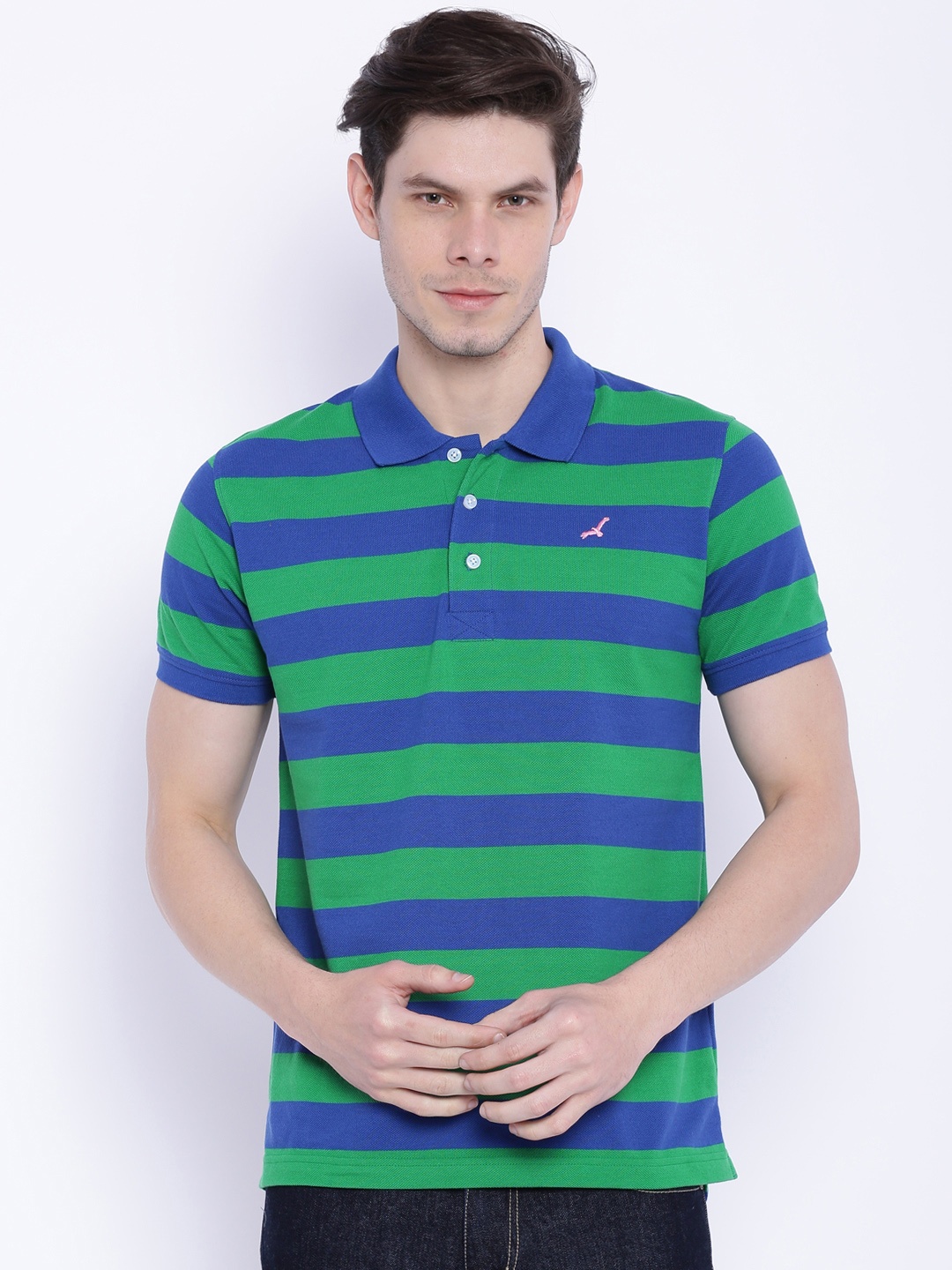 

American Crew Green & Blue Striped Polo T-shirt