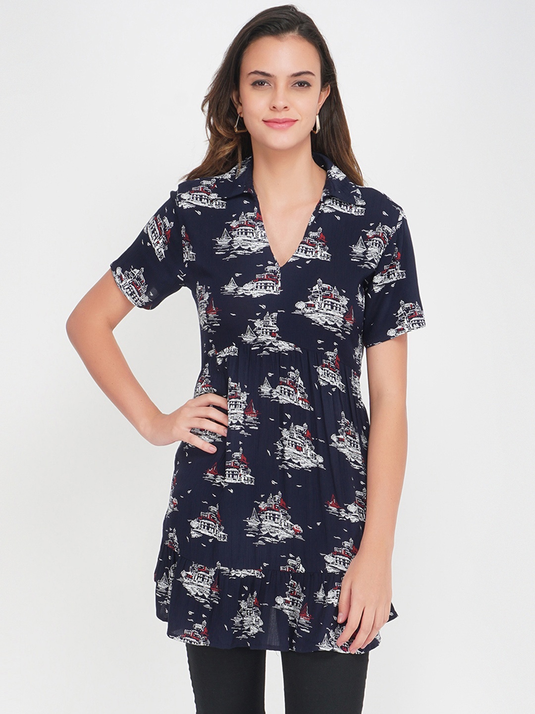 

Oxolloxo Navy Blue Viscose Rayon Shirt Collar Printed Tunic