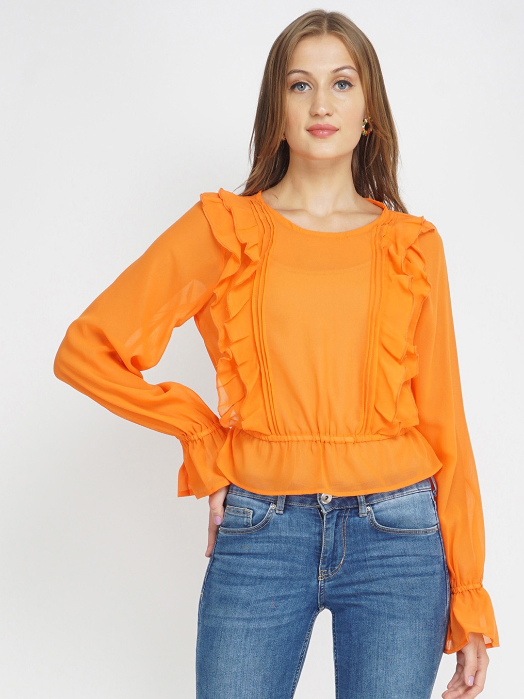 

Oxolloxo Women Orange Frilled Casual Cinched Waist Top