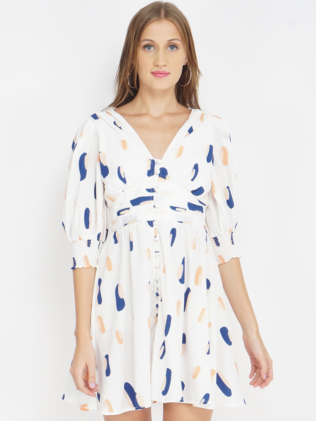 

Oxolloxo Women Abstract Button Down White Satin Dress