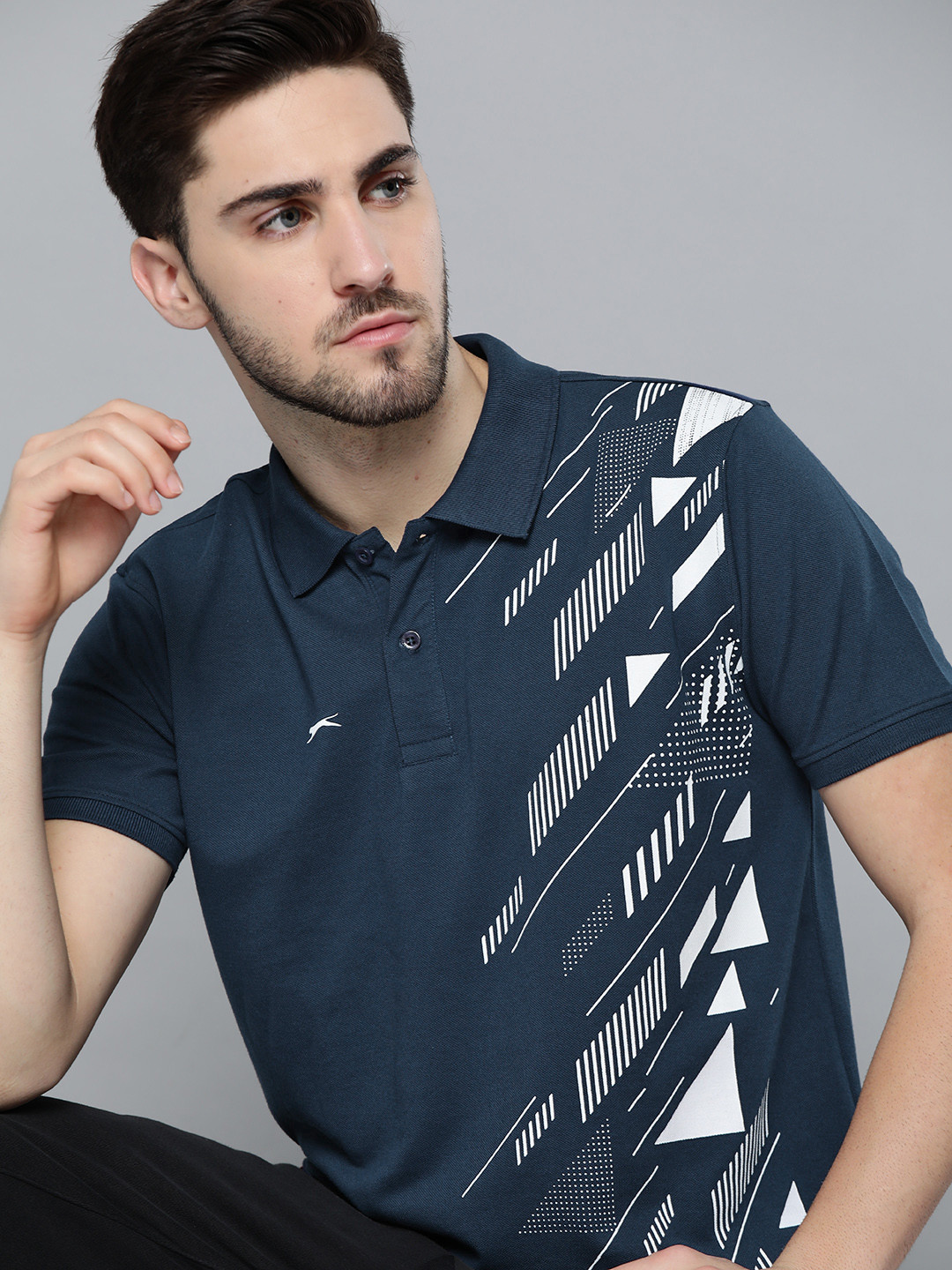

Slazenger Men Navy Blue & White Printed Polo Collar Bio-Wash T-shirt