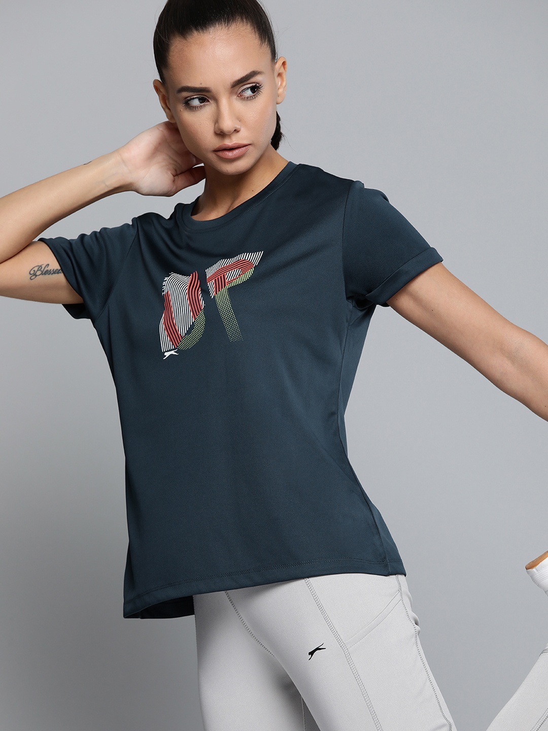 

Slazenger Women Teal Blue & White Typography Printed T-shirt