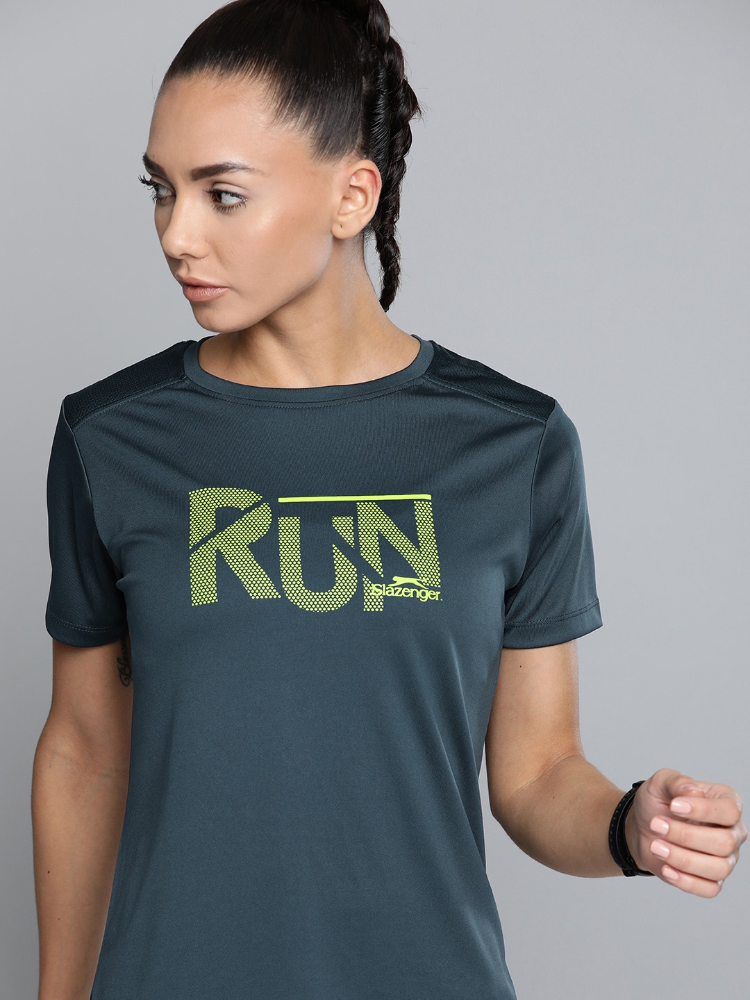 

Slazenger Women Navy Blue & Green Brand Logo Printed Running T-shirt
